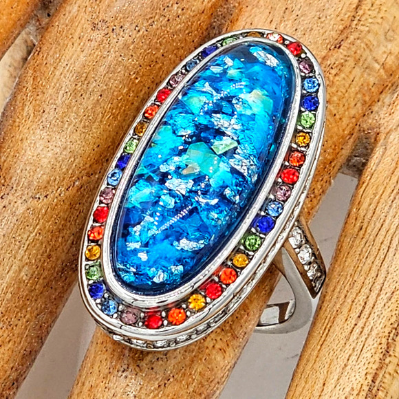 Multi Color Austrian Crystal Lab Created Faux Opal Statement Ring Stainless Sz 8 - Picture 1 of 4